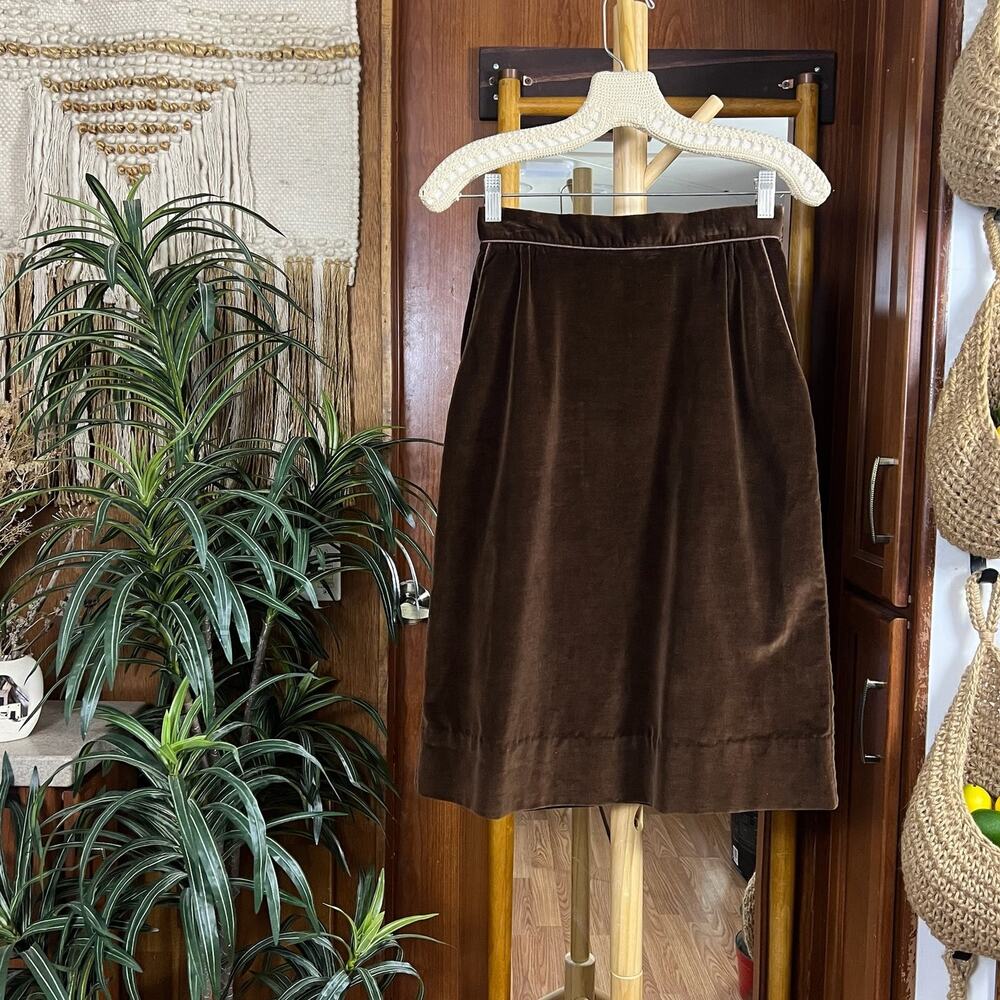 Vintage 90s Cotton Velvet Pencil Skirt Union Made in USA High Waist Brown XS 9